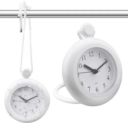 Reloj de ducha de baño impermeable, reloj de cuarzo analógico silencioso de doble propósito, blanco, 4.72 x 5.75 pulgadas