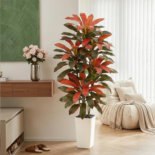 Vista 20 de Árbol de Dracaena artificial rojo de 6 pies, plantas falsas altas Hoja blanco-roja