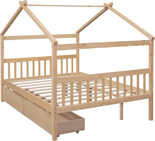 Vista 4 de Cama de casa de tamaño matrimonial para niños, marco de plataforma Montessori con 2 cajones, cabecera y estribo, almacenamiento de madera maciza