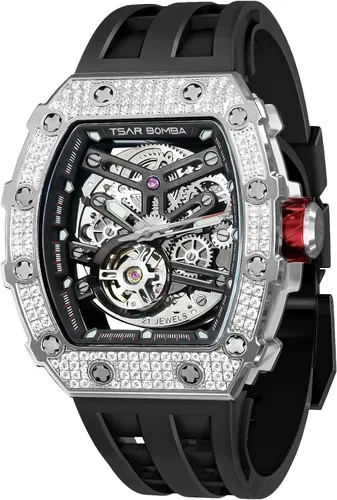 Watch for Men, 50M Waterproof Automatic Mens Watch, Skeleton Mechanical Tonneau Big Face Dial Black Watch with Silicone Watch Bands, Gifts for Men