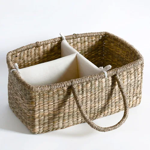 Vista 8 de Organizador de pañales de mimbre para bebé, cesta tejida de hierba marina con asas, cesta de pañales con divisores (rectangular)