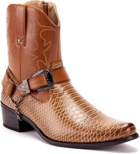 Jazame - Botas vaqueras para hombre, estilo occidental, hasta el tobillo, para motociclismo, puntera puntiaguda, vestido de motocicleta, hebilla de