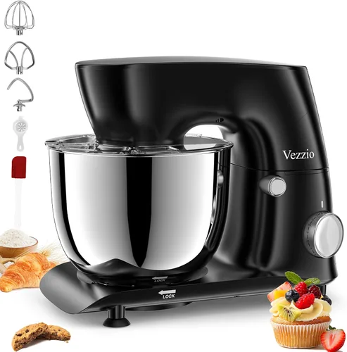 Vezzio Batidora de pedestal, 6 cuartos de galón, 10 velocidades, cabezal inclinable, batidora de cocina con tazón de acero inoxidable, gancho para