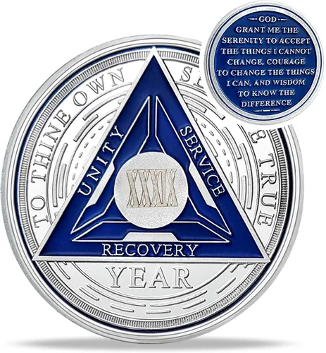 Vista 41 de Moneda de sobriedad de triángulo de recuperación de 1 año – Monedas de plata con números romanos NA AA – 1-40 fichas y medallones NA/HA/AA Prime