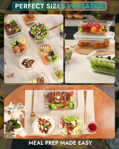 Vista 6 de Juego de 6 recipientes de vidrio de borosilicato para almacenamiento de alimentos con tapas herméticas, aptos para horno, microondas y congelador, a