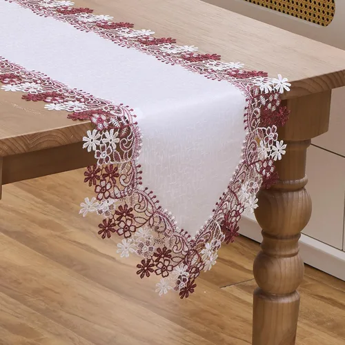 Camino de mesa jacquard de encaje floral rojo oscuro blanco de 36 pulgadas de largo para cocina, comedor, mesa de café, fiestas, boda, decoración