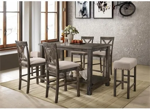 Vista 2 de Acme Martha II - Silla de altura de mostrador en lino bronceado y gris desgastado (juego de 2)