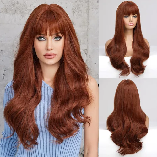 Vista 22 de HAIRCUBE - Peluca marrón con reflejos rubios, peluca larga y rizada con flequillo, peluca marrón de apariencia natural, peluca sintética resistente