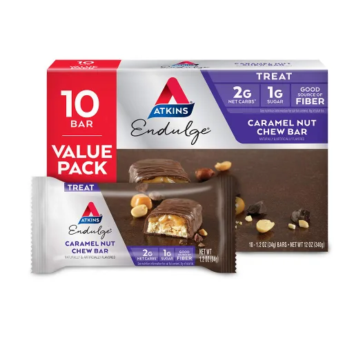 Atkins Endulge - Barra masticable de nueces de caramelo, barra de nueces, bajo en azúcar, alta en fibra, 10 unidades