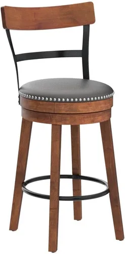 Vista 5 de COSTWAY Juego de 2 taburetes de bar, taburetes giratorios de 360 grados con asiento acolchado de cuero, respaldo de escalera de un solo listón