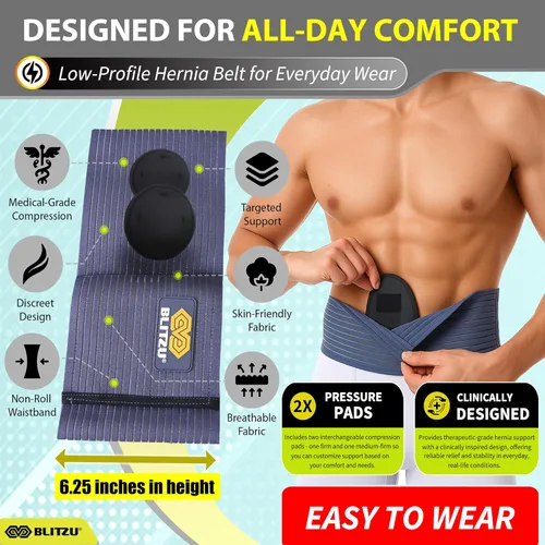 Vista 7 de BLITZU Cinturón de hernia umbilical para hombres y mujeres, faja abdominal ajustable con soporte de braguero con 2 almohadillas de compresión