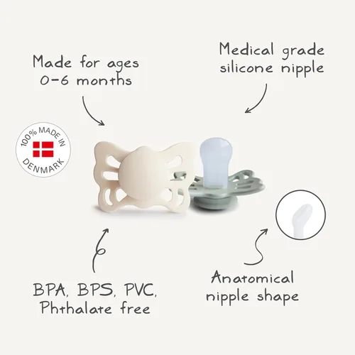 Vista 3 de FRIGG Butterfly Anatomical SilkySoft - Chupete de silicona para bebé, fabricado en Dinamarca, sin BPA (crema/salvia, 0-6 meses)
