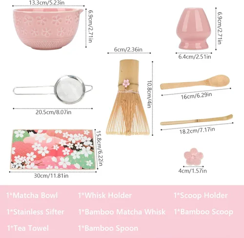 Vista 6 de Juego de batidor de matcha, juego de matcha de cerámica incluye cuenco matcha, batidor de bambú y soporte, cuchara de bambú, soporte para cucharas