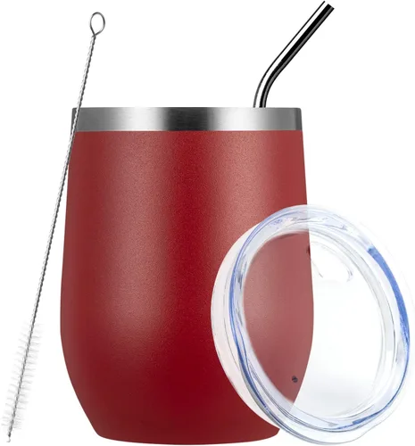 Vista 43 de MEWAY Vaso de vino sin tallo de 12 onzas con tapa, vaso de viaje de acero inoxidable con aislamiento de doble pared al vacío con popote, para Negro