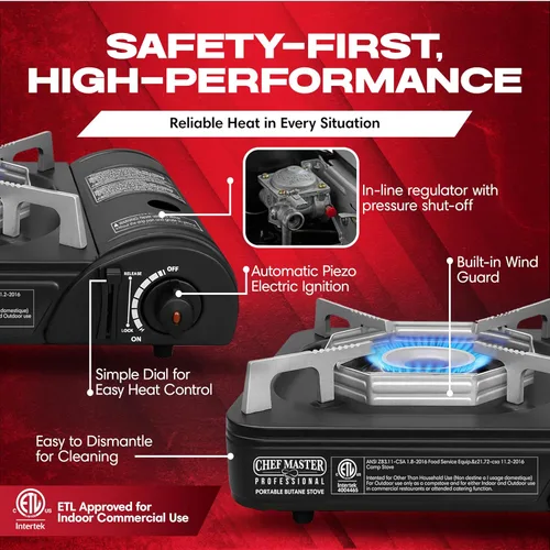 Vista 3 de Chef Master 90027 - Estufa portátil de butano para campamento, protector de viento de encendido piezoeléctrico de 7,650 BTU, quemador de estufa