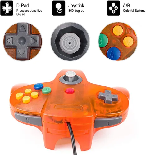Vista 5 de Paquete de 4 controladores clásicos N64, miadore Wired Classic N64 Gamepad con joystick mejorado (negrogrisnaranja transparenteverde transparente)