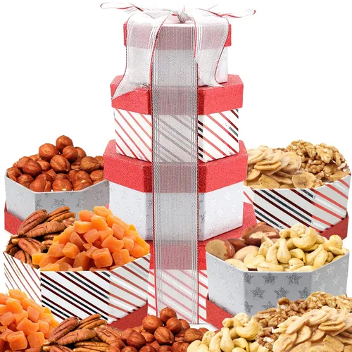 Anna y Sarah Caja de regalo en forma de torre de frutas secas y frutos secos Caja de regalo Papaya - Chips de plátano - Avellana de Oregon - Nuez -