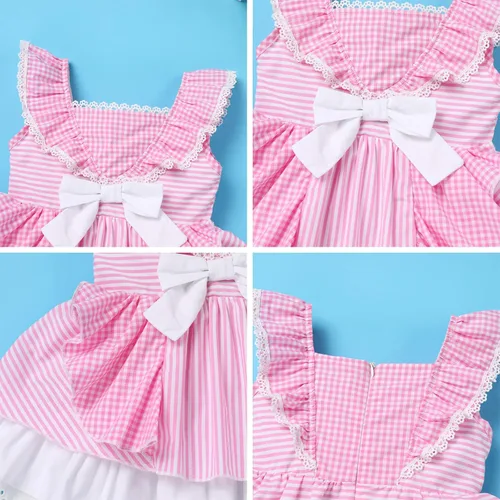 Vista 5 de Vestido tutú de verano sin mangas a cuadros para fiesta de cumpleaños vestido de princesa con lazo de flores y diadema