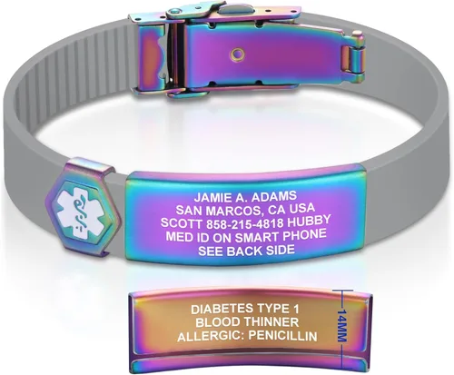 Vista 173 de Divoti Pulsera de identificación de alerta médica grabada personalizada, grabado láser de doble cara, pulsera de silicona, cierre de seguridad