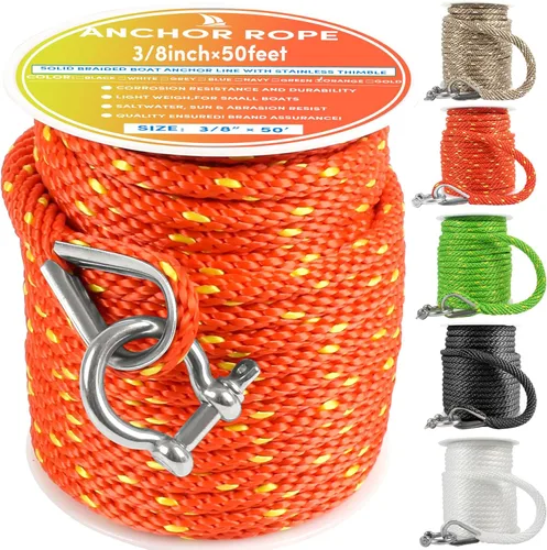 Vista 39 de Cuerda de anclaje prémium de 100 pies x 3/8 pulgadas, cuerda de anclaje MFP maciza con dedal y grillete, color naranja/amarillo