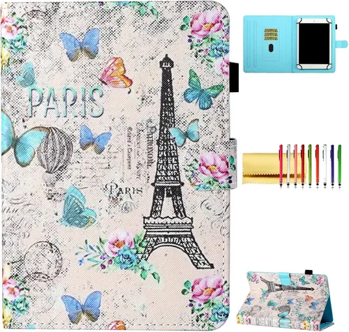 Vista 12 de Funda universal para tablet de 6.5 a 7.5 pulgadas, de piel sintética, funda protectora con ranuras para tarjetas y soporte para lápiz capacitivo A01