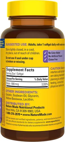 Vista 9 de Nature Made - Biotina una por día (vitamina B7) 1000 mcg. Cápsulas de gel, 120