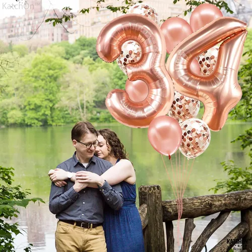 Vista 8 de KatchOn, Juego de globos de oro rosa con el número 34, 40 pulgadas, decoraciones de cumpleaños número 34 para mujeres con globos de confeti, incluye