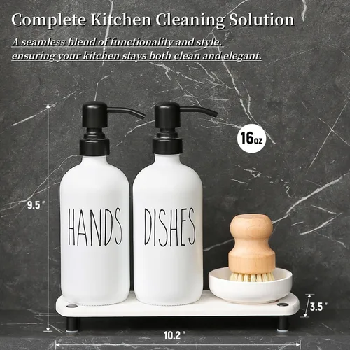 Vista 2 de Juego de dispensador de jabón blanco MOMEEMO viene con bombas de acero inoxidable, bandeja de secado instantáneo y cepillo de limpieza de platos
