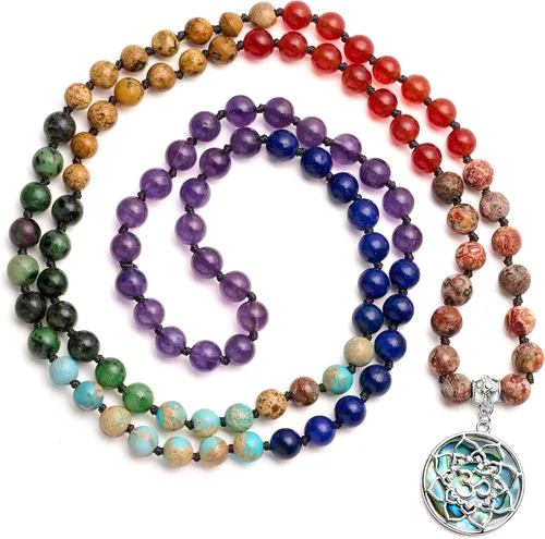 Bivei 7 chakras 108 cuentas de mala, pulsera de piedras preciosas curativas reales para yoga, meditación anudada a mano, collar de cuentas de
