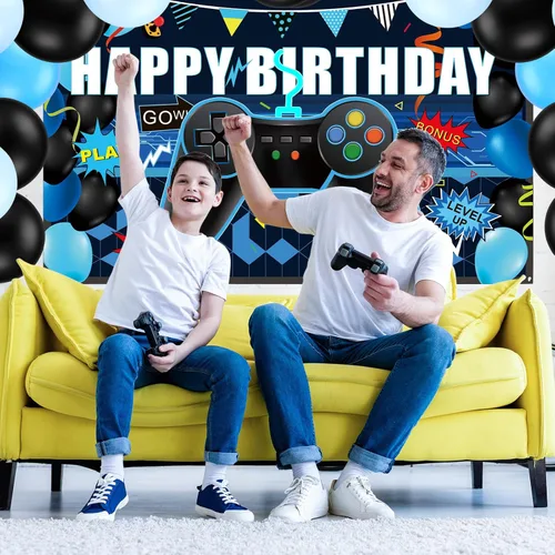 Vista 7 de Skylety 34 Pieces Gamer Birthday Decorations Video Game Party Supplies Set Including Happy Birthday Gamer Backdrop, Table Covers, Multi