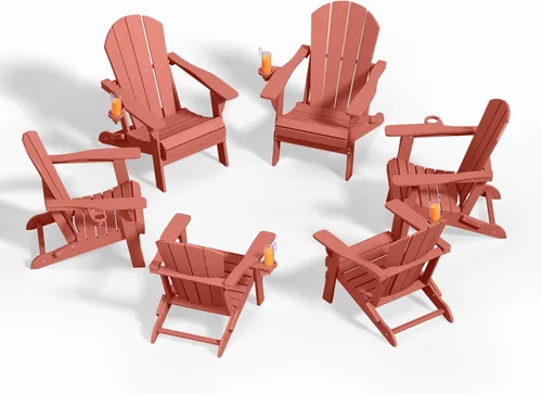 Vista 20 de Sillas plegables Adirondack con portavasos, juego de 4 sillas de plástico HDPE para exteriores, resistentes a la intemperie, aspecto de madera real