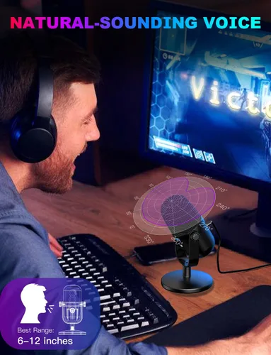 Vista 3 de Micrófono para juegos con cancelación de ruido y botón de silencio, micrófono de condensador USB para transmisión/grabación, diseño ultracompacto