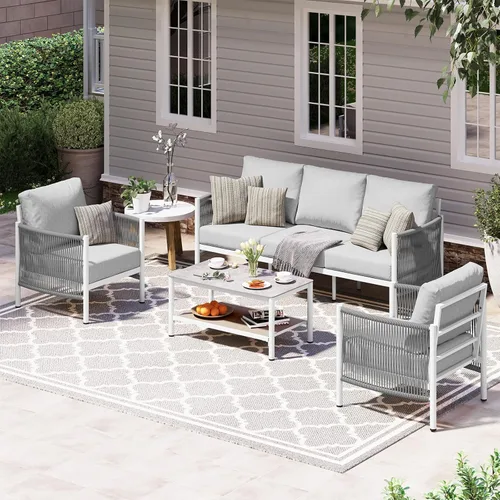 Vista 24 de Sofá de dos plazas de aluminio para patio exterior, sofá de patio de cuerda HDPE con cojín grueso lavable, muebles de patio para todo tipo de clima