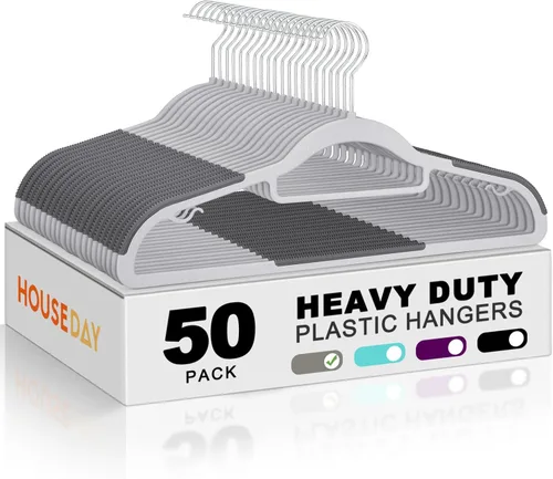 Vista 14 de HOUSE DAY - Perchas de plástico de calidad, paquete de 30 unidades, perchas antideslizantes de plástico gris, perchas ultra delgadas con gancho