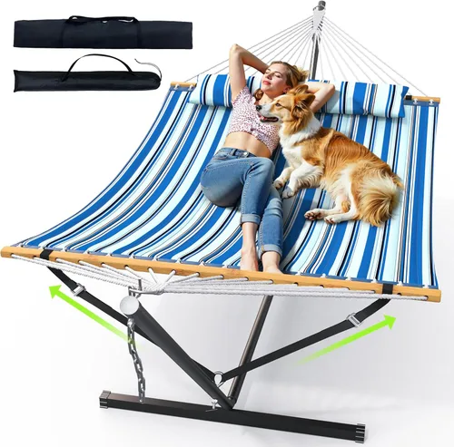 ANAGOO Hamaca doble con soporte, hamaca de exterior resistente para dos, capacidad de 500 libras, marco de acero estable con correa de equilibrio,