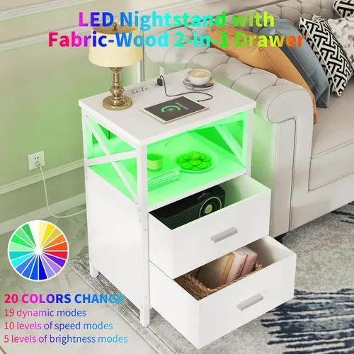 Vista 4 de Mesita de noche LED con estación de carga, mesa auxiliar con puertos USB y tomas, mesa auxiliar para espacios pequeños, mesitas de noche blancas