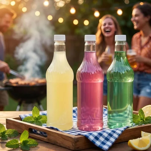 Vista 4 de Noamus Paquete de 8 botellas de refresco de plástico de 33 onzas con tapas, contenedor de jugo de PET transparente vacío reutilizable de 1 litro