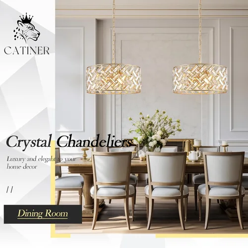 Vista 3 de CATINER Candelabro de Cristal Dorado Moderno de 18" Redondo Semi Empotrado Luz de Techo para Comedor, Sala de Estar, Dormitorio y Vestíbulo