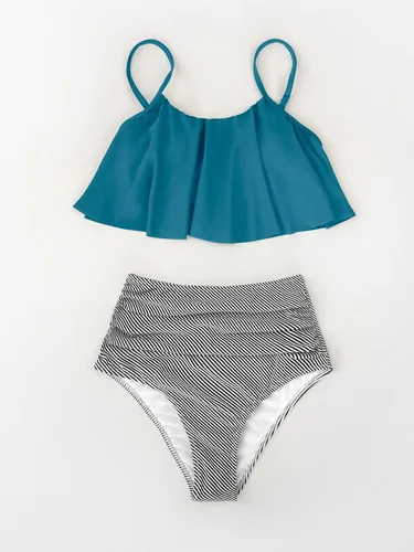 Vista 5 de Traje de baño Cupshe, juego de bikini de cintura alta, falbalá para mujer