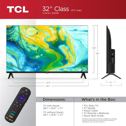 Vista 3 de TCL 32S359 Smart Roku TV Clase 3-Series Full HD 1080p LED