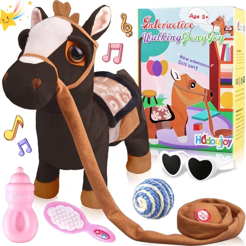 HCdoujoy Poni Negro de Peluche Interactivo que Camina, Juguete de Poni que Canta y Baila, Musical, Realista, Juguete de Caballo de Peluche con