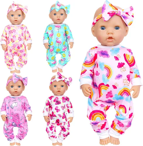 Ecore Fun 5 juegos de ropa de muñeca y diademas – Accesorios para muñecas de 14 a 16 pulgadas, total 10 piezas – Mono con bonito patrón para muñecas