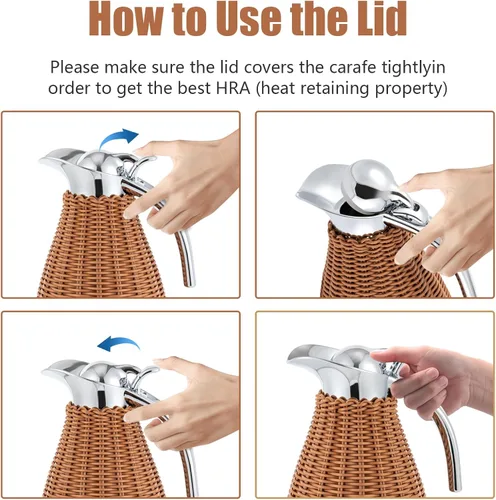 Vista 6 de Jarra térmica de café de acero inoxidable, 50 onzas/1.5 L de ratán tejido, jarra de café aislada de doble pared, aislamiento al vacío, retención