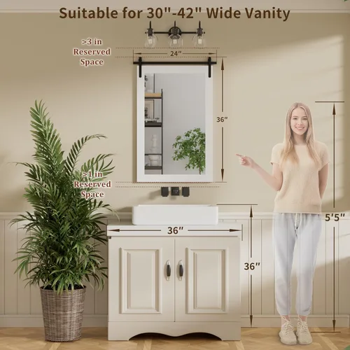 Vista 4 de Espejo de baño de granja, espejo cuadrado rústico blanco para pared, espejos de tocador con marco de madera, decoración estilo puerta de granero