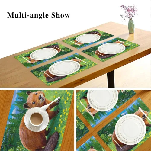 Vista 6 de Custom Cute Animal Beavor Grassland Plastic placemats for Dining Table Plastic Reversible Quilted placemat Set of 6 12 x 18 manteles para comedor