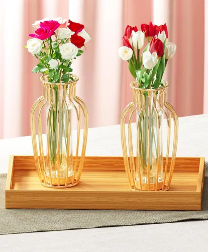 Vista 4 de Florero elegante dorado moderno geométrico dorado para centros de mesa, jarrón de cristal, ideal para decoración de estantes, jarrón moderno