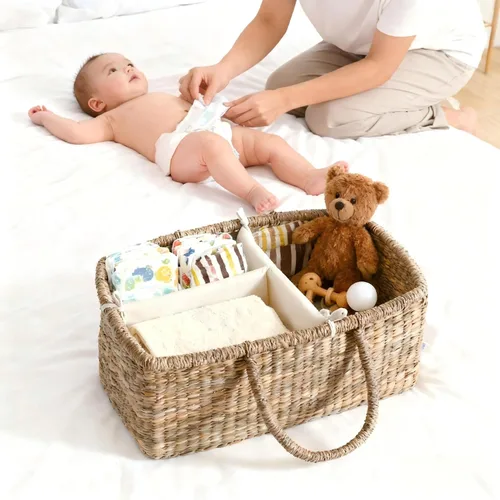 Vista 4 de Organizador de pañales de mimbre para bebé, cesta tejida de hierba marina con asas, cesta de pañales con divisores (rectangular)