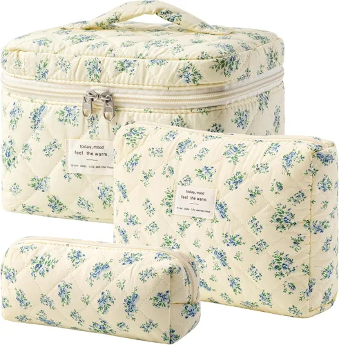Vista 11 de HBselect Bolsa de maquillaje acolchada, 3 piezas de algodón grande, bolsa de maquillaje de viaje, bonita bolsa de maquillaje floral de coqueta