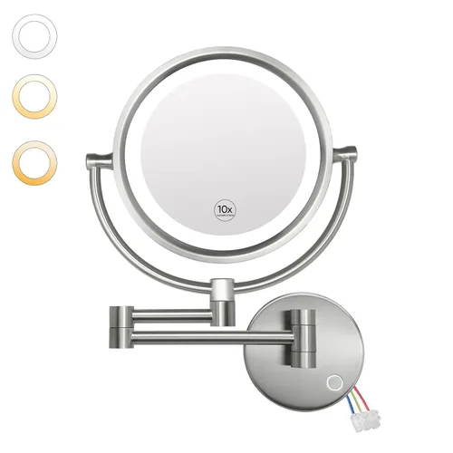 Vista 9 de GURUN Espejo de maquillaje con cableado montado en la pared con 3 tonos de luces LED regulables, 10 espejos de aumento con control táctil para baño