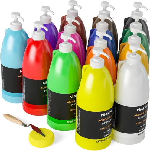 Nicpro Juego de pintura acrílica grande de 14 colores (33.8 onzas, 33.8 fl oz), suministros de pintura artística, no tóxicos para múltiples